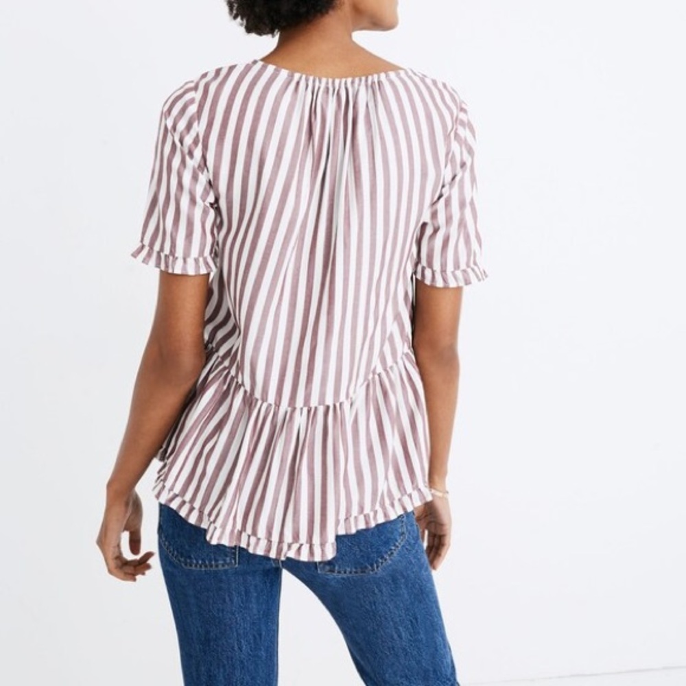 Madewell Stanza Ruffle Hem Top Small Striped Short Sleeve Peplum Preppy Cottage - Picture 2 of 12